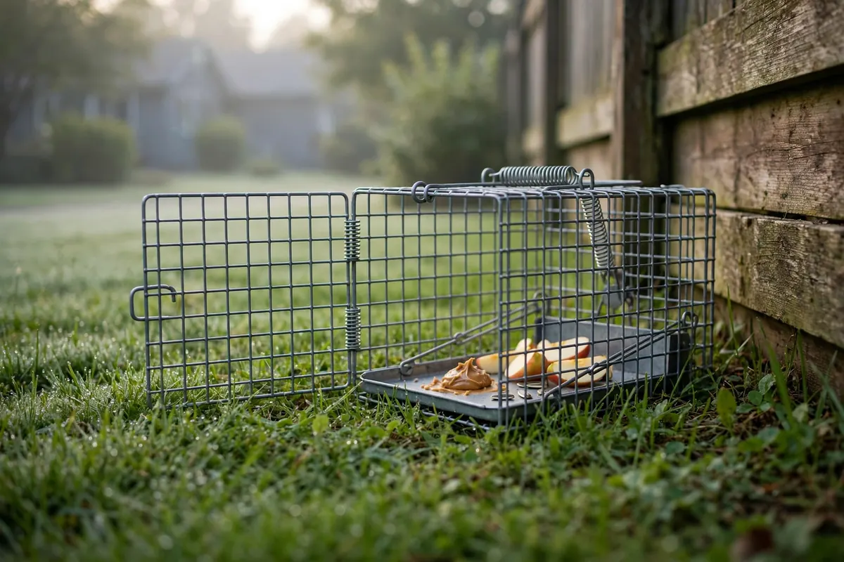 An enclosed humane live trap set for skunk capture