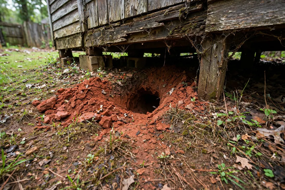 A skunk den dug beneath a backyard shed