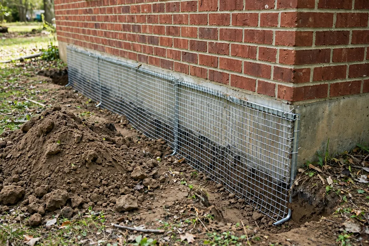 Buried wire exclusion barrier installed along a structure